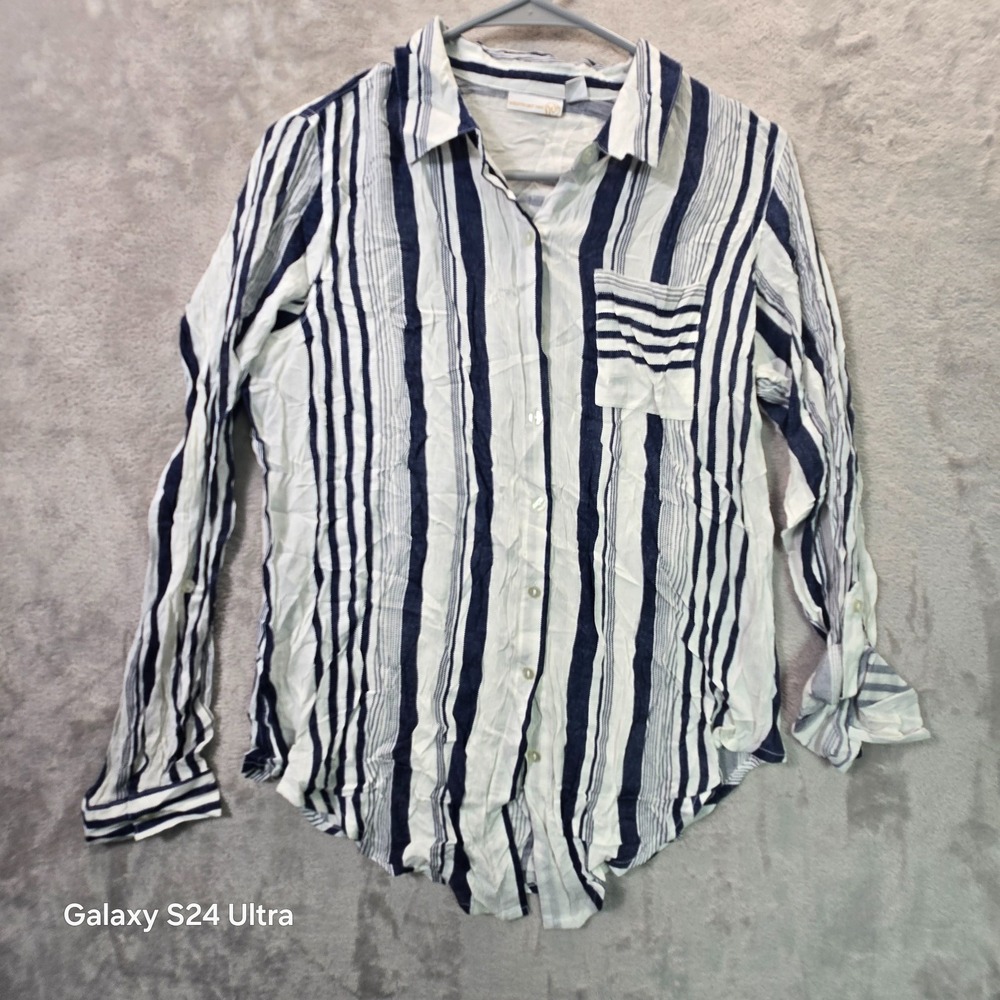 Westport 1962 Shirt Womens Small White Blue Striped Chest Pocket Roll Tab Sleeve